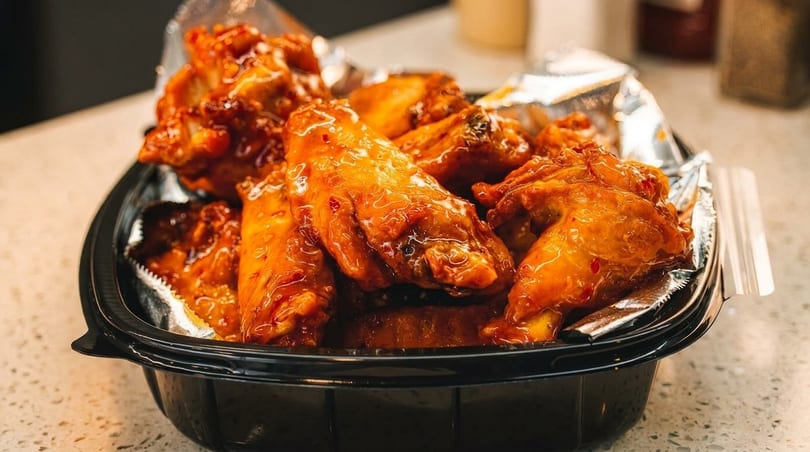 Close-up of a black plastic container filled with glistening, saucy chicken wings lined with foil.